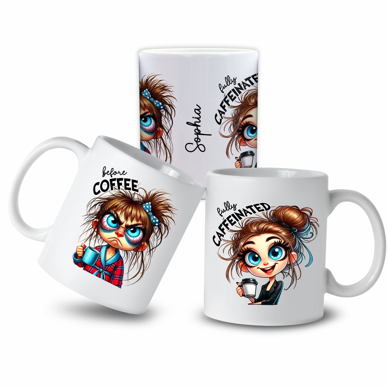 Personalisierte Kaffeetasse mit Wunschname - before Coffee -brünette Frau