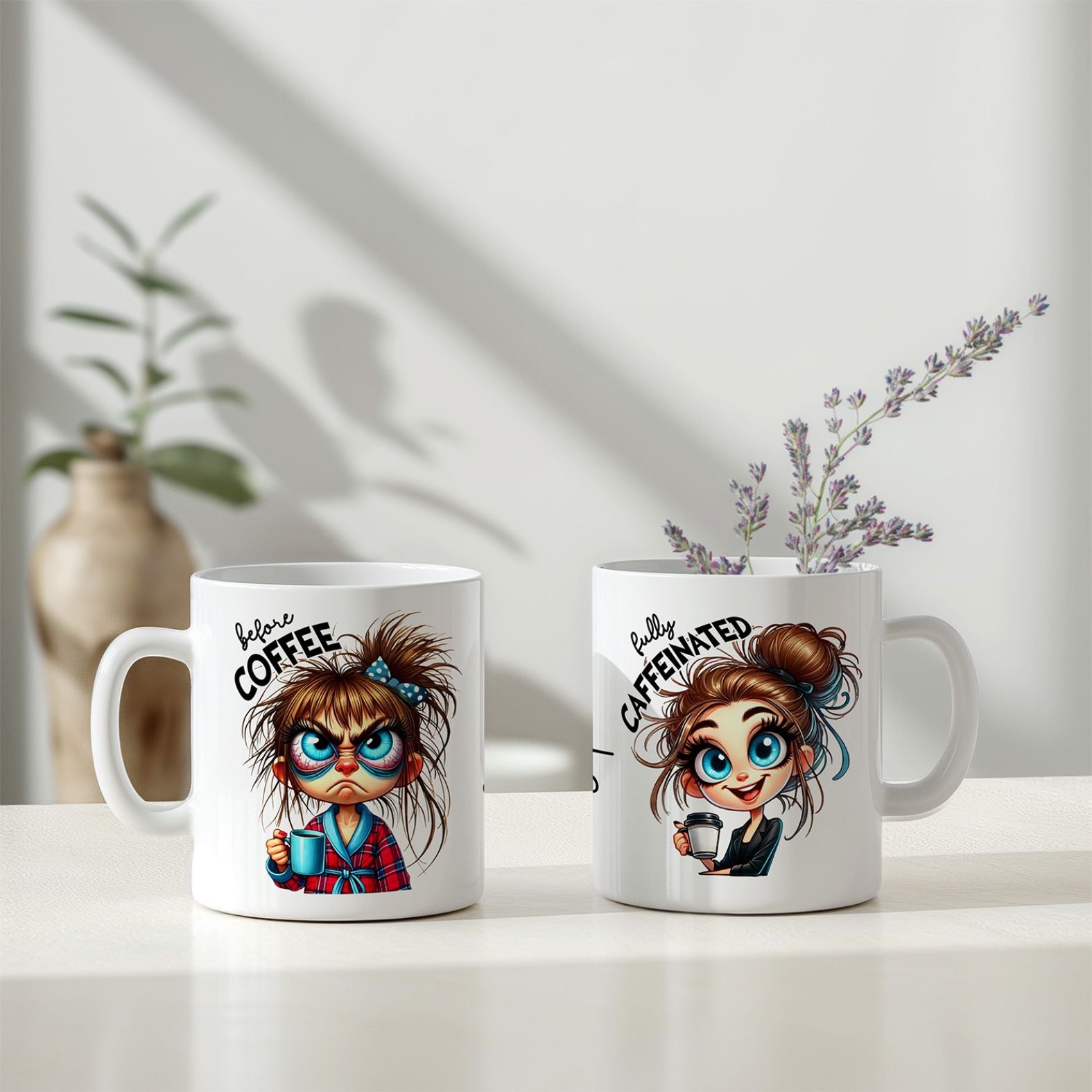 Personalisierte Kaffeetasse mit Wunschname - before Coffee -brünette Frau