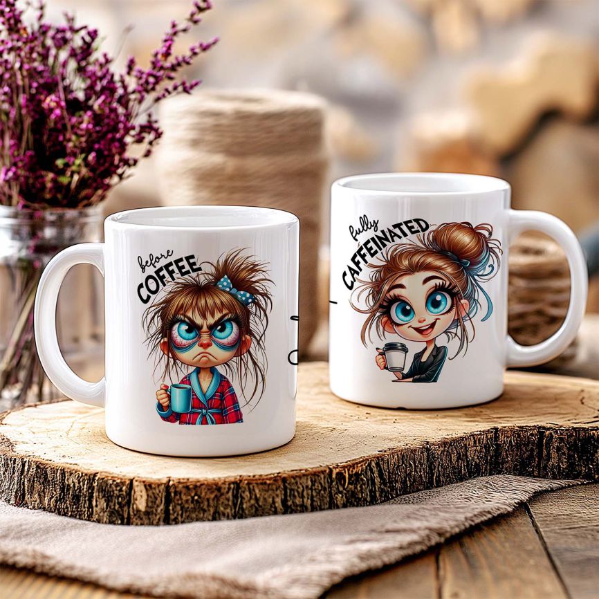 Personalisierte Kaffeetasse mit Wunschname - before Coffee -brünette Frau - FOTOFOL