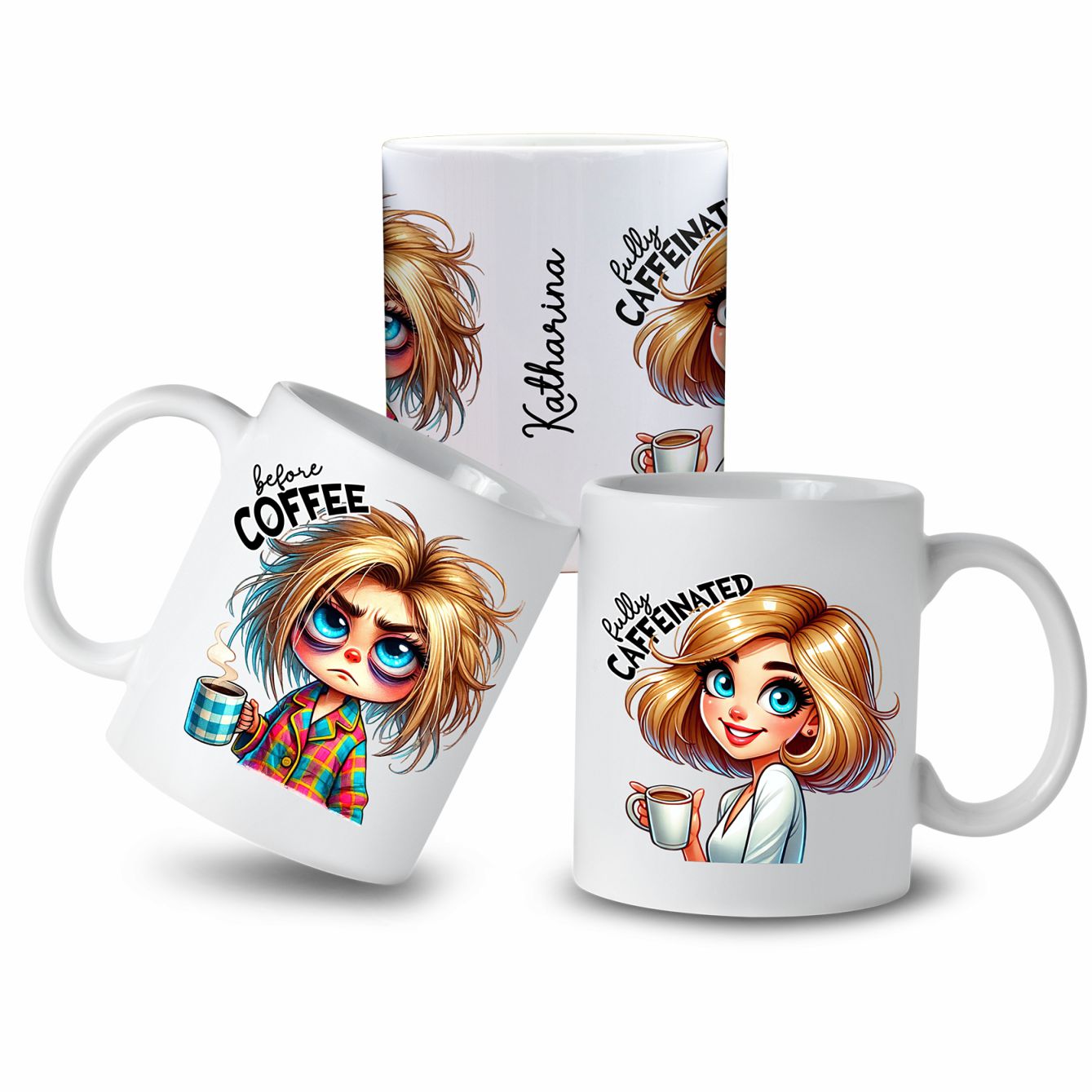 Personalisierte Kaffeetasse mit Wunschname - before Coffee -blonde Frau