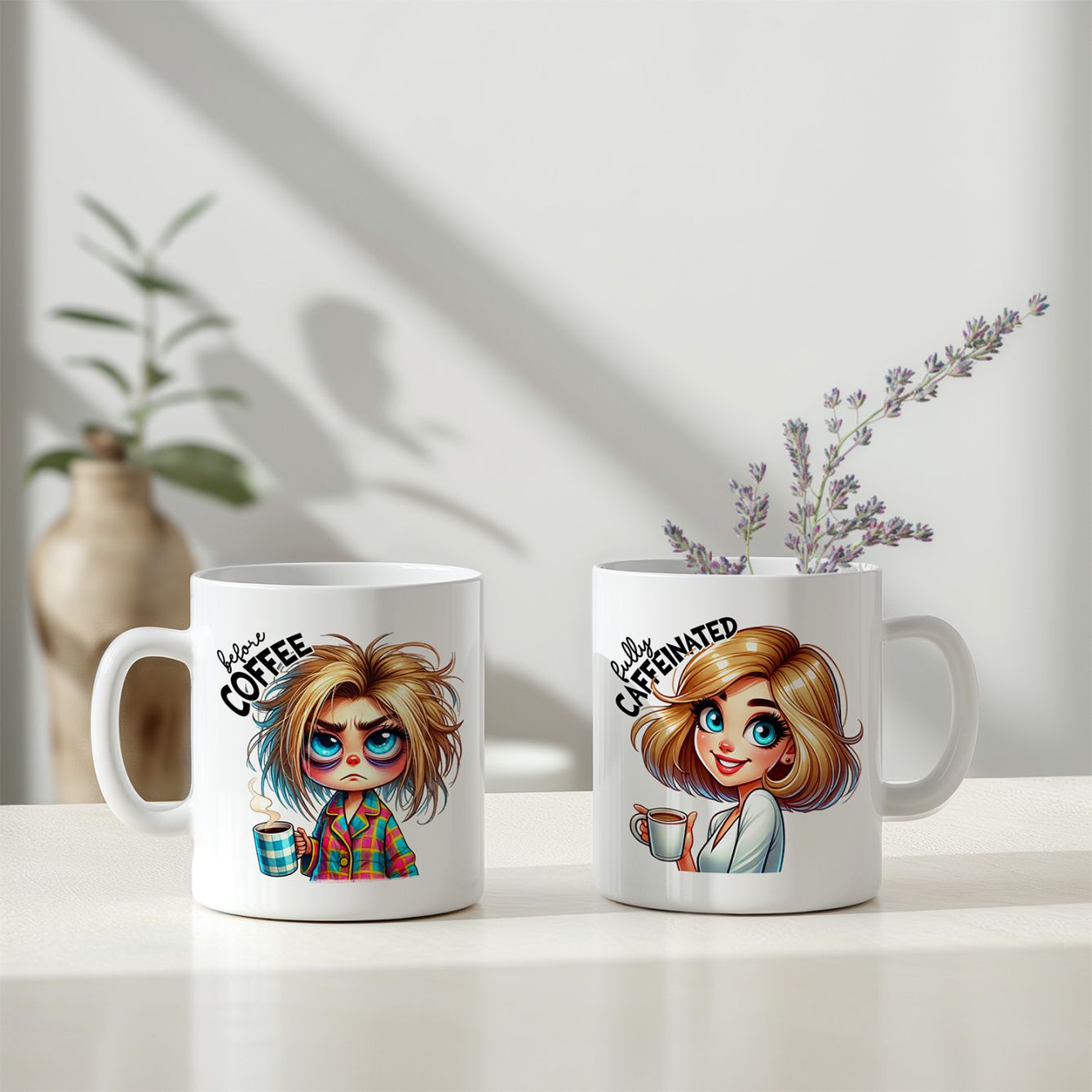 Personalisierte Kaffeetasse mit Wunschname - before Coffee -blonde Frau - FOTOFOL