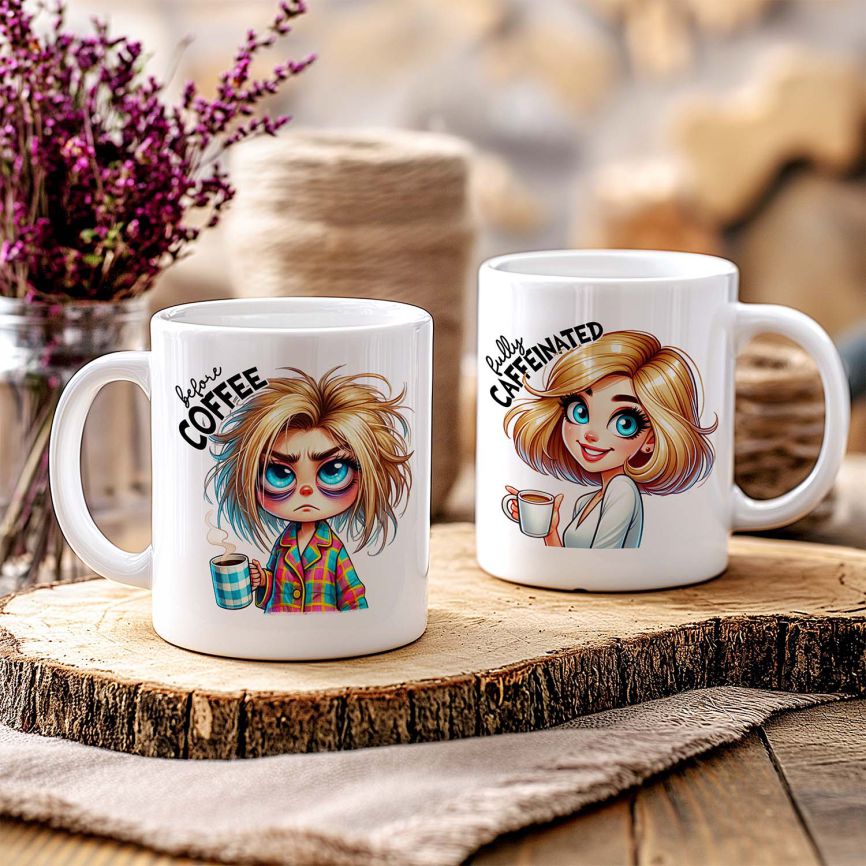 Personalisierte Kaffeetasse mit Wunschname - before Coffee -blonde Frau - FOTOFOL