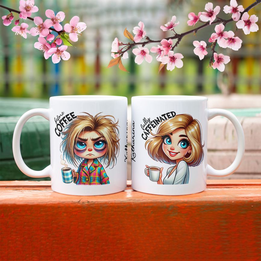 Personalisierte Kaffeetasse mit Wunschname - before Coffee -blonde Frau - FOTOFOL