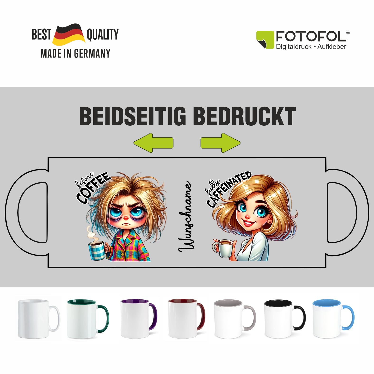 Personalisierte Kaffeetasse mit Wunschname - before Coffee -blonde Frau - FOTOFOL