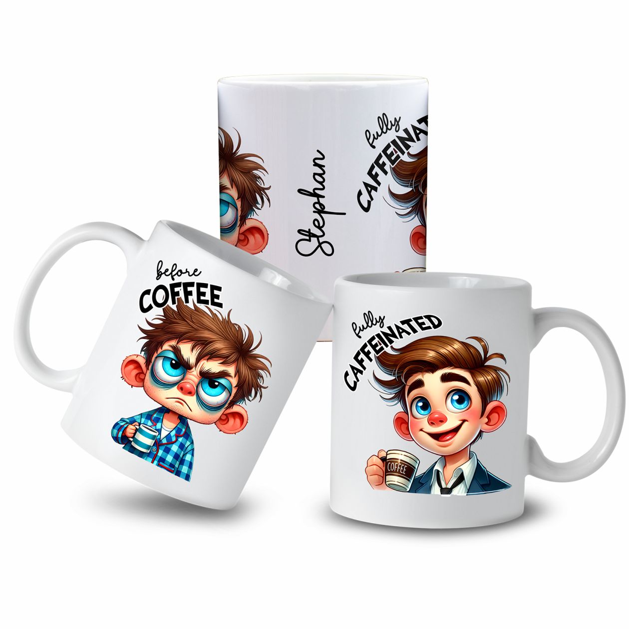 Personalisierte Kaffeetasse mit Wunschname - before Coffee -junger Mann