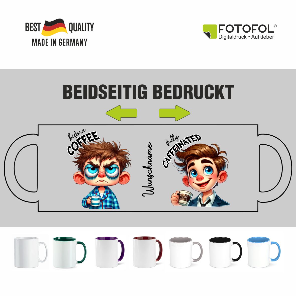 Personalisierte Kaffeetasse mit Wunschname - before Coffee -junger Mann - FOTOFOL