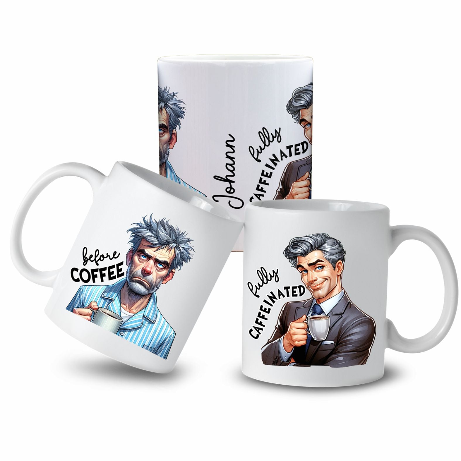 Personalisierte Kaffeetasse mit Wunschname - before Coffee -Mann