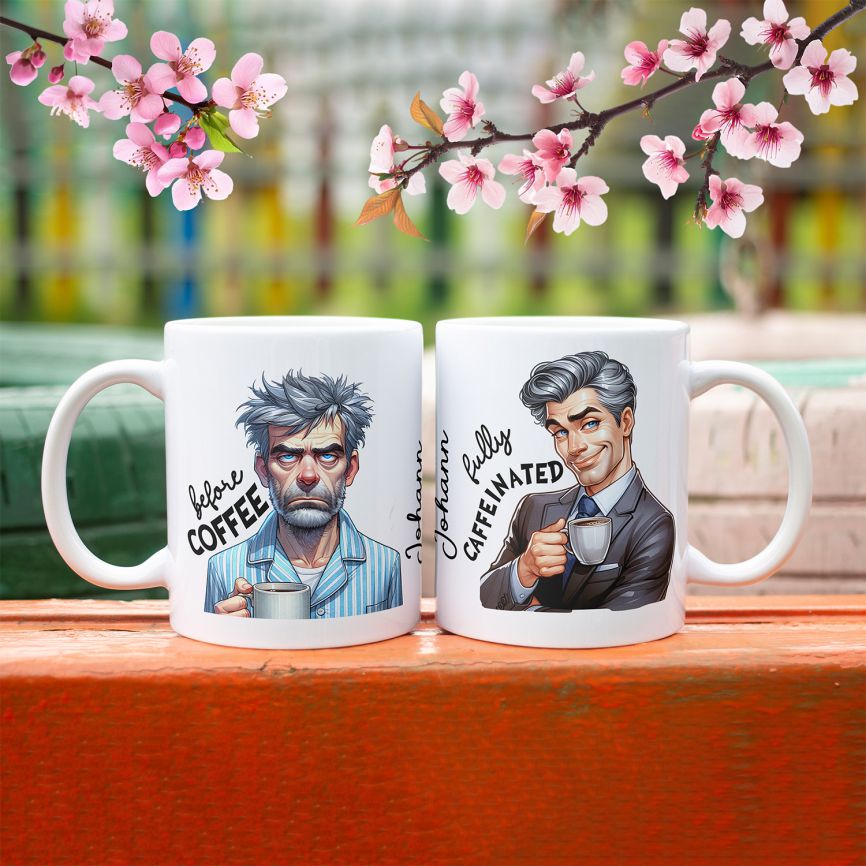 Personalisierte Kaffeetasse mit Wunschname - before Coffee -Mann - FOTOFOL