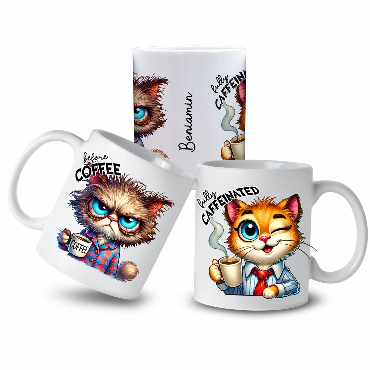 Personalisierte Kaffeetasse mit Wunschname - before Coffee -Katze - FOTOFOL