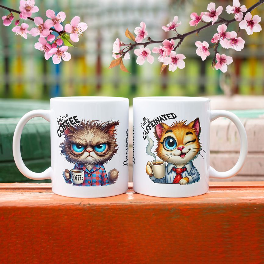Personalisierte Kaffeetasse mit Wunschname - before Coffee -Katze - FOTOFOL