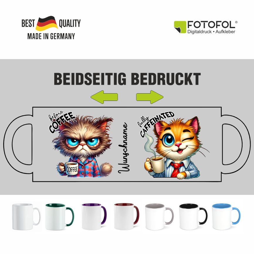 Personalisierte Kaffeetasse mit Wunschname - before Coffee -Katze - FOTOFOL