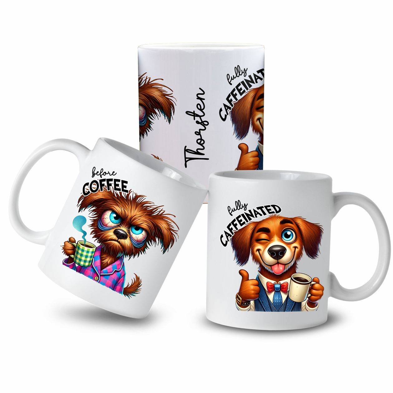 Personalisierte Kaffeetasse mit Wunschname - before Coffee - Hund - FOTOFOL