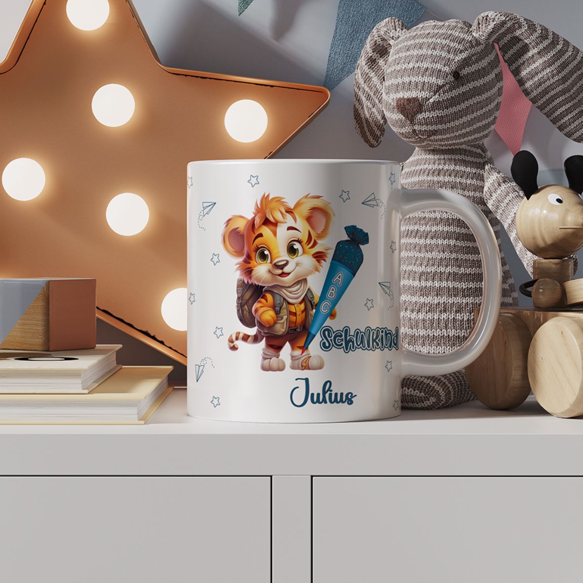 Tasse Einschulung 2025 mit Name Personalisieren - Endlich Schulkind Tiger - FOTOFOL