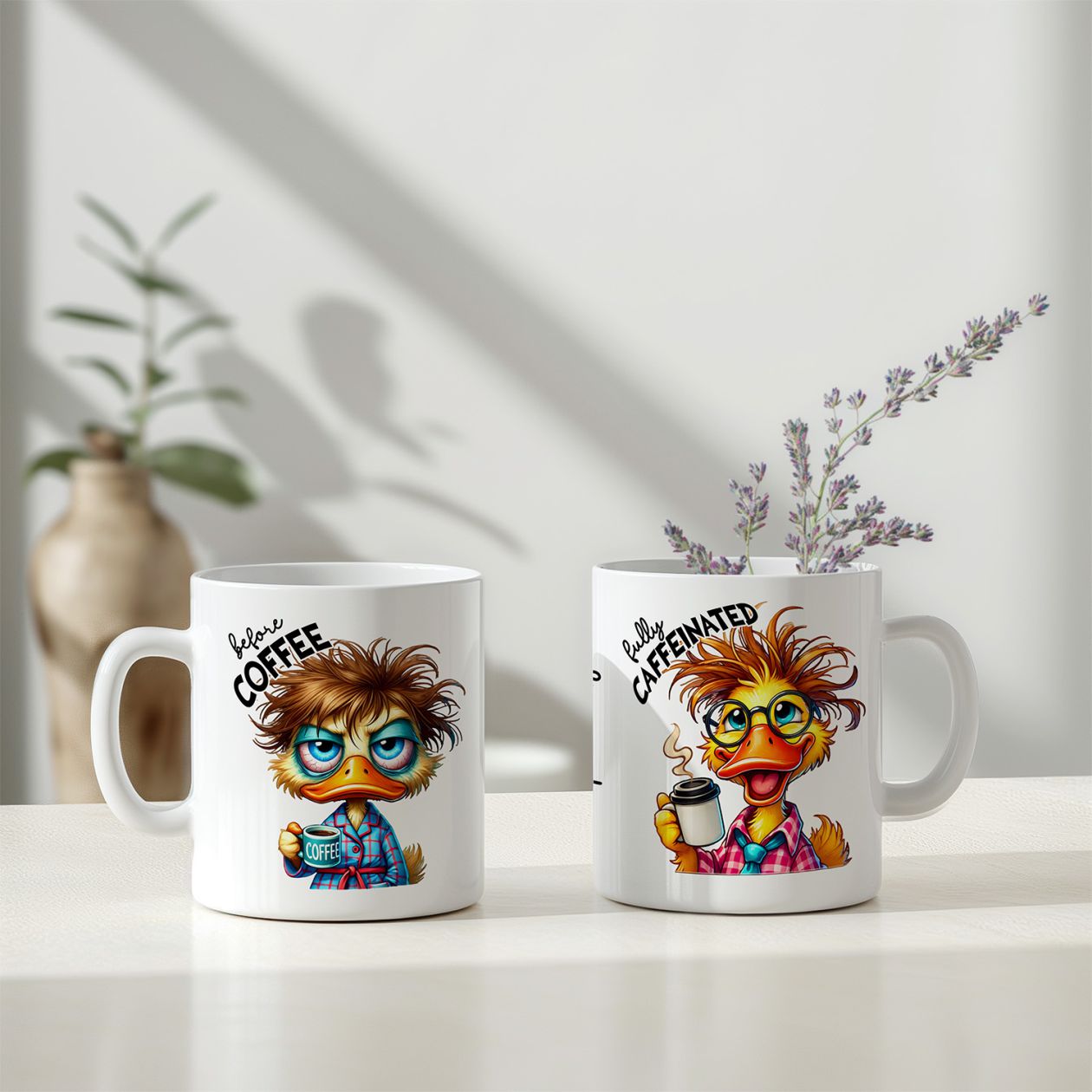 Personalisierte Kaffeetasse mit Wunschname - before Coffee - Ente - FOTOFOL