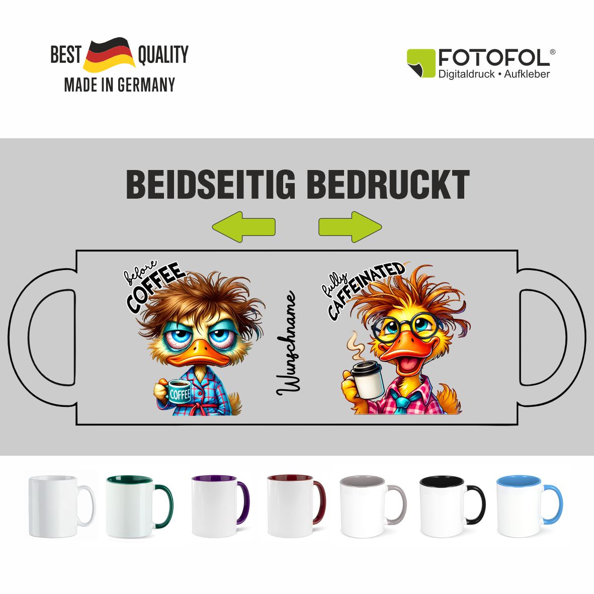Personalisierte Kaffeetasse mit Wunschname - before Coffee - Ente - FOTOFOL