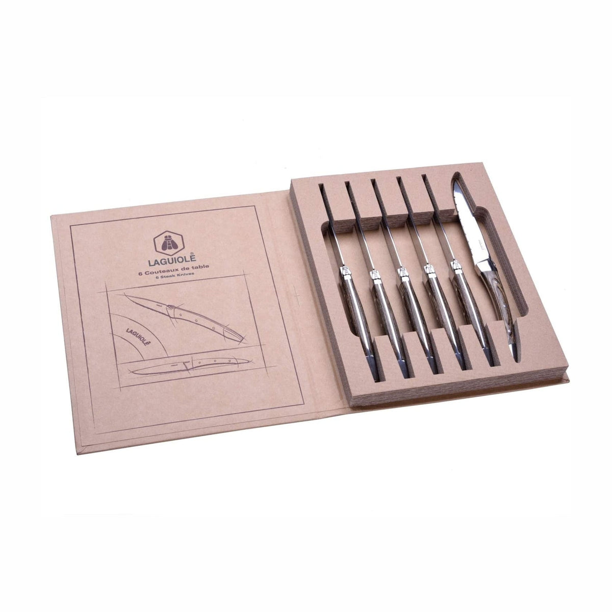 LAGUIOLE - Set mit 6 Steakmessern - Edelstahl, Metallgriff mit grauem Holz veredelt