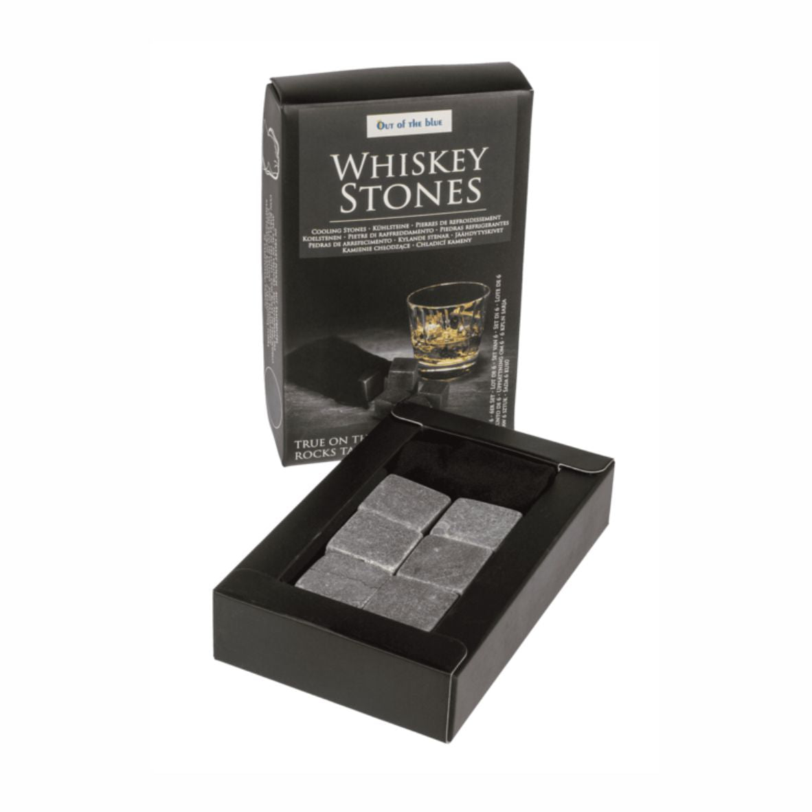 6er Pack Whiskey Stones mit schwarzem Samtbeutel in Geschenkkarton