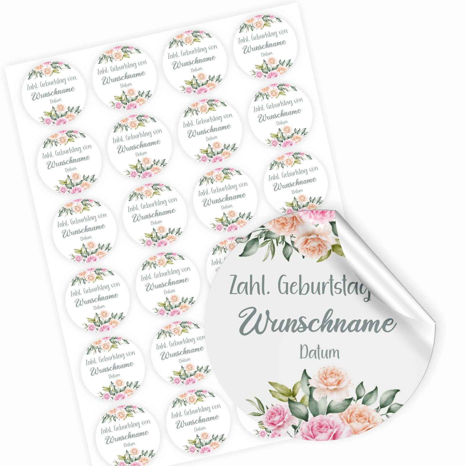 Personalisierte Aufkleber "Rose"- 24 Stück - 4,5cm - FOTOFOL