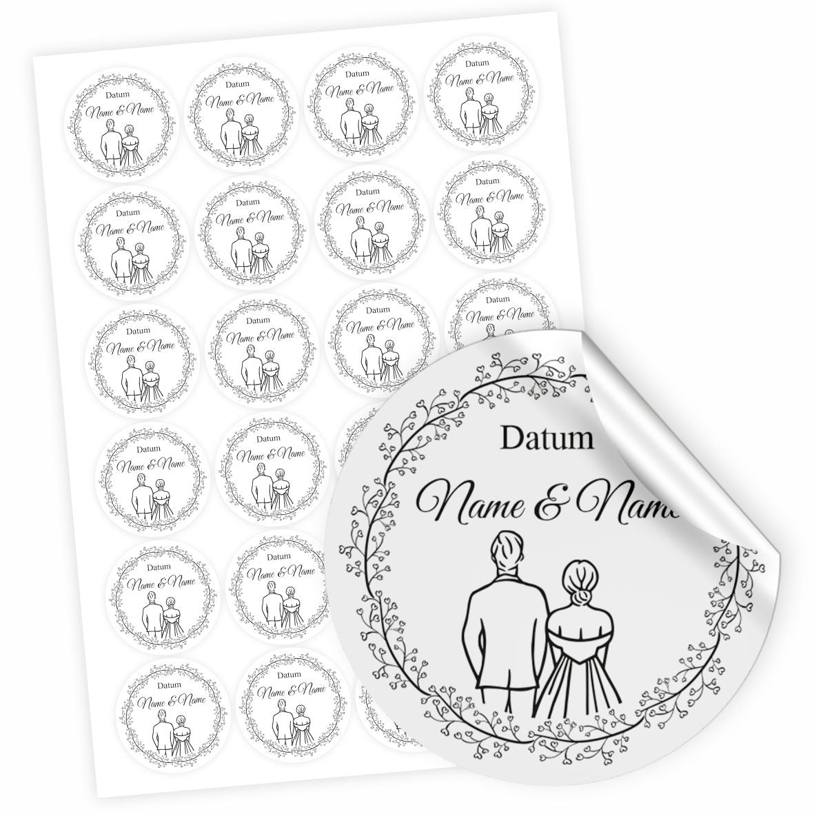 Hochzeit Aufkleber - 24 Stück Personalisierte Aufkleber mit Wunschnamen und Datum - Braut und Bräutigam - FOTOFOL