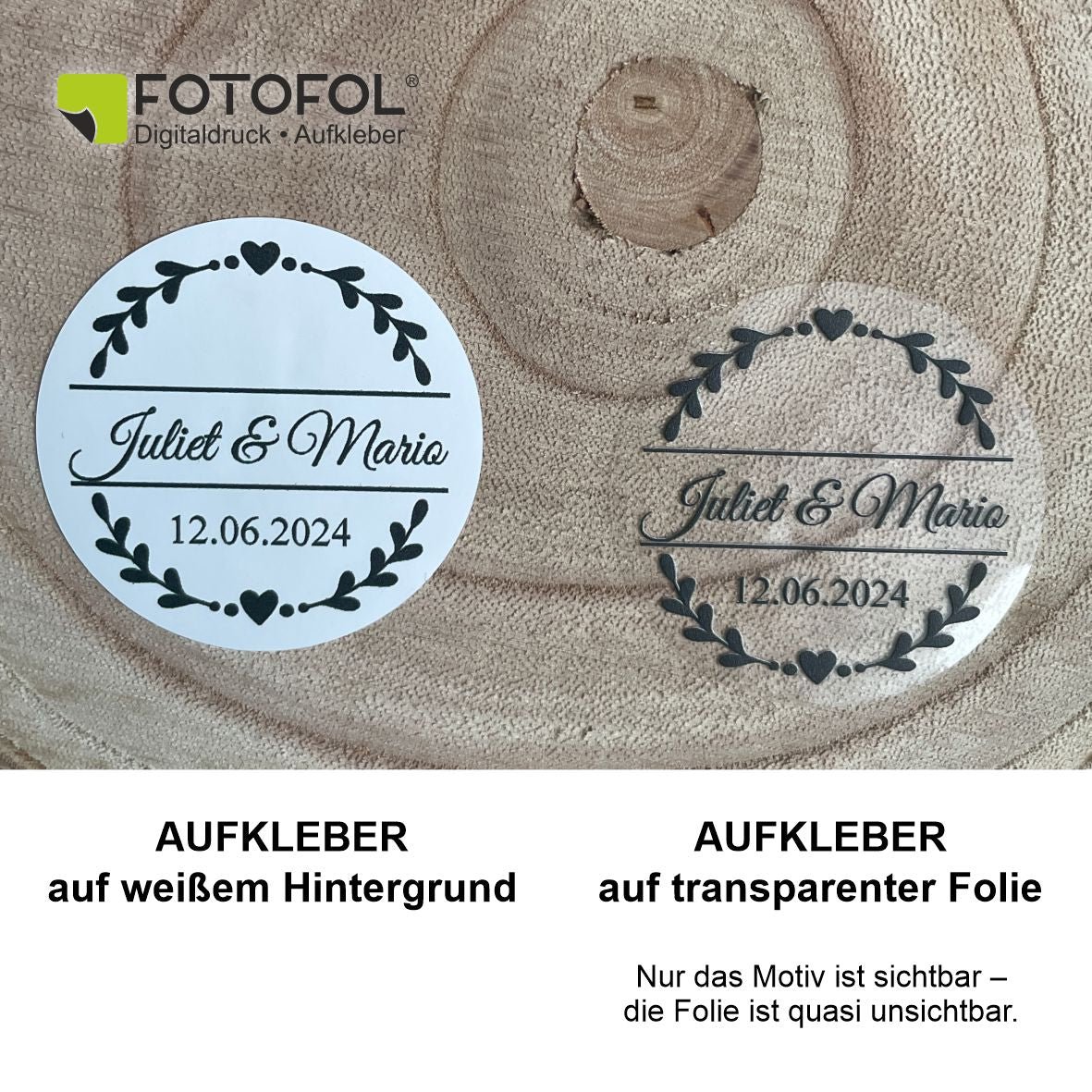 Hochzeit Aufkleber - 24 Stück Personalisierte Aufkleber mit Wunschnamen und Datum - Herz - FOTOFOL