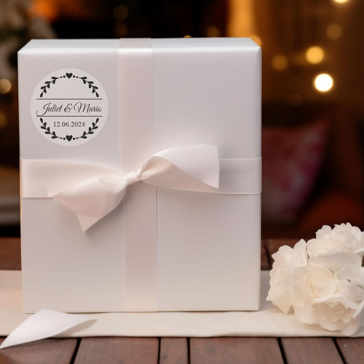 Hochzeit Aufkleber - 24 Stück Personalisierte Aufkleber mit Wunschnamen und Datum - Herz - FOTOFOL