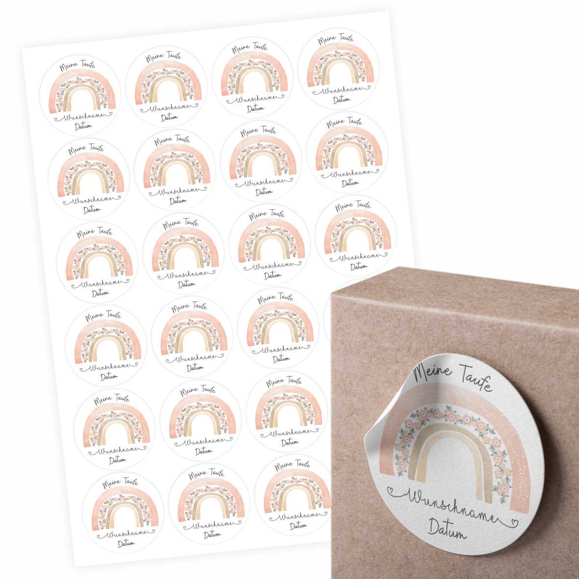 Taufe Aufkleber "Regenbogen" mit Wunschname und Datum - 24 Stück - 4,5cm - FOTOFOL