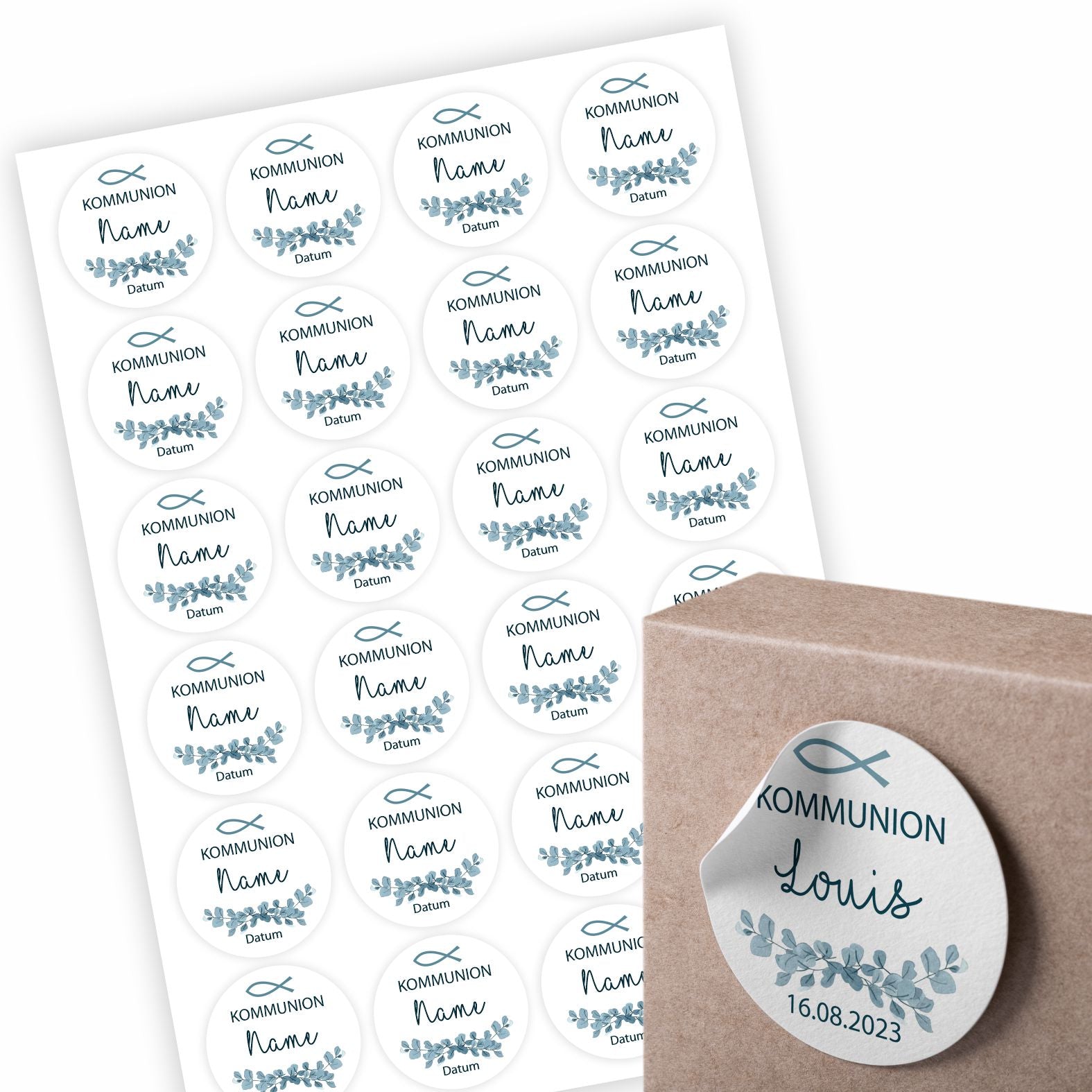 Personalisierte Aufkleber Kommunion "Fisch" mit Namen und Datum - 24 Stück - 4,5cm - FOTOFOL