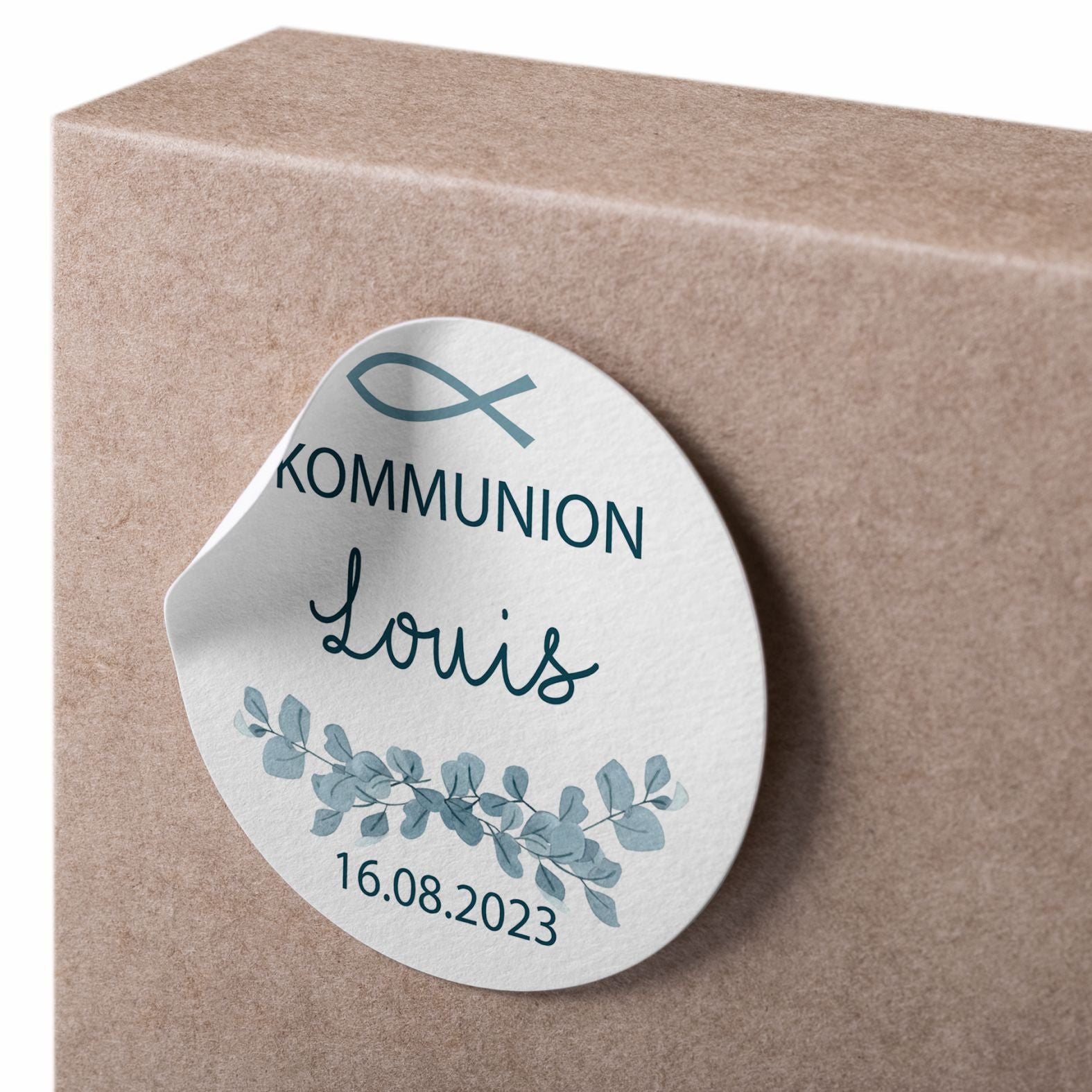 Personalisierte Aufkleber Kommunion "Fisch" mit Namen und Datum - 24 Stück - 4,5cm - FOTOFOL