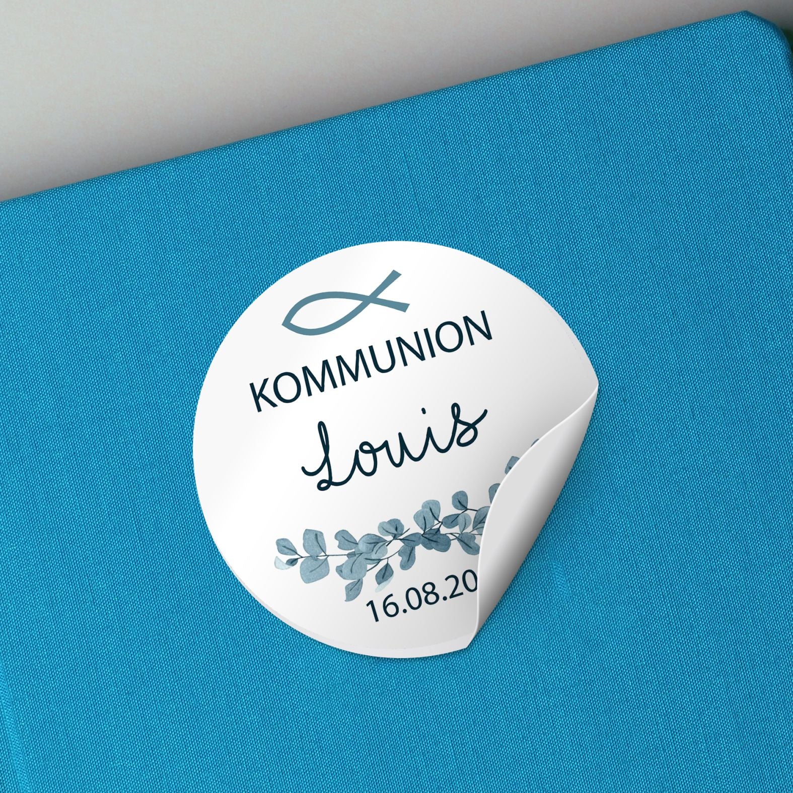 Personalisierte Aufkleber Kommunion "Fisch" mit Namen und Datum - 24 Stück - 4,5cm - FOTOFOL