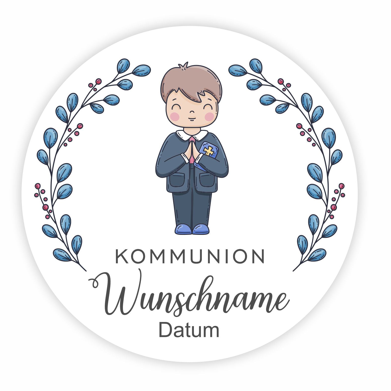 Personalisierte Aufkleber Kommunion "Junge" mit Namen und Datum - 24 Stück - 4,5cm - FOTOFOL