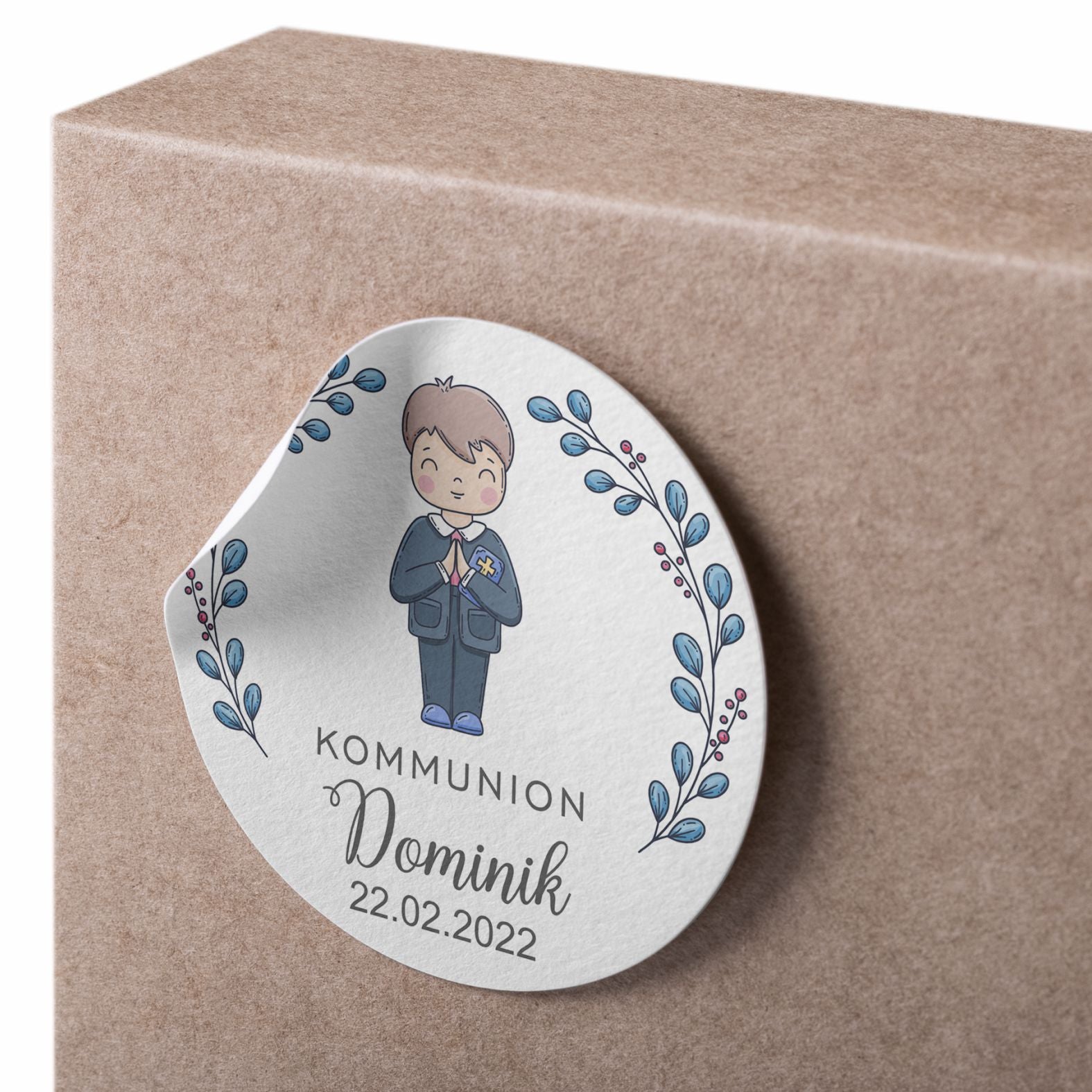 Personalisierte Aufkleber Kommunion "Junge" mit Namen und Datum - 24 Stück - 4,5cm - FOTOFOL