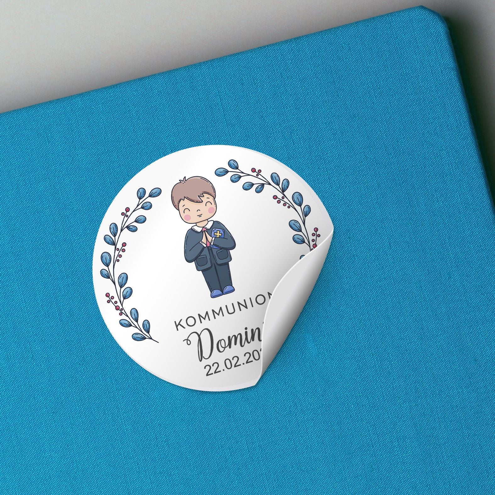 Personalisierte Aufkleber Kommunion "Junge" mit Namen und Datum - 24 Stück - 4,5cm - FOTOFOL
