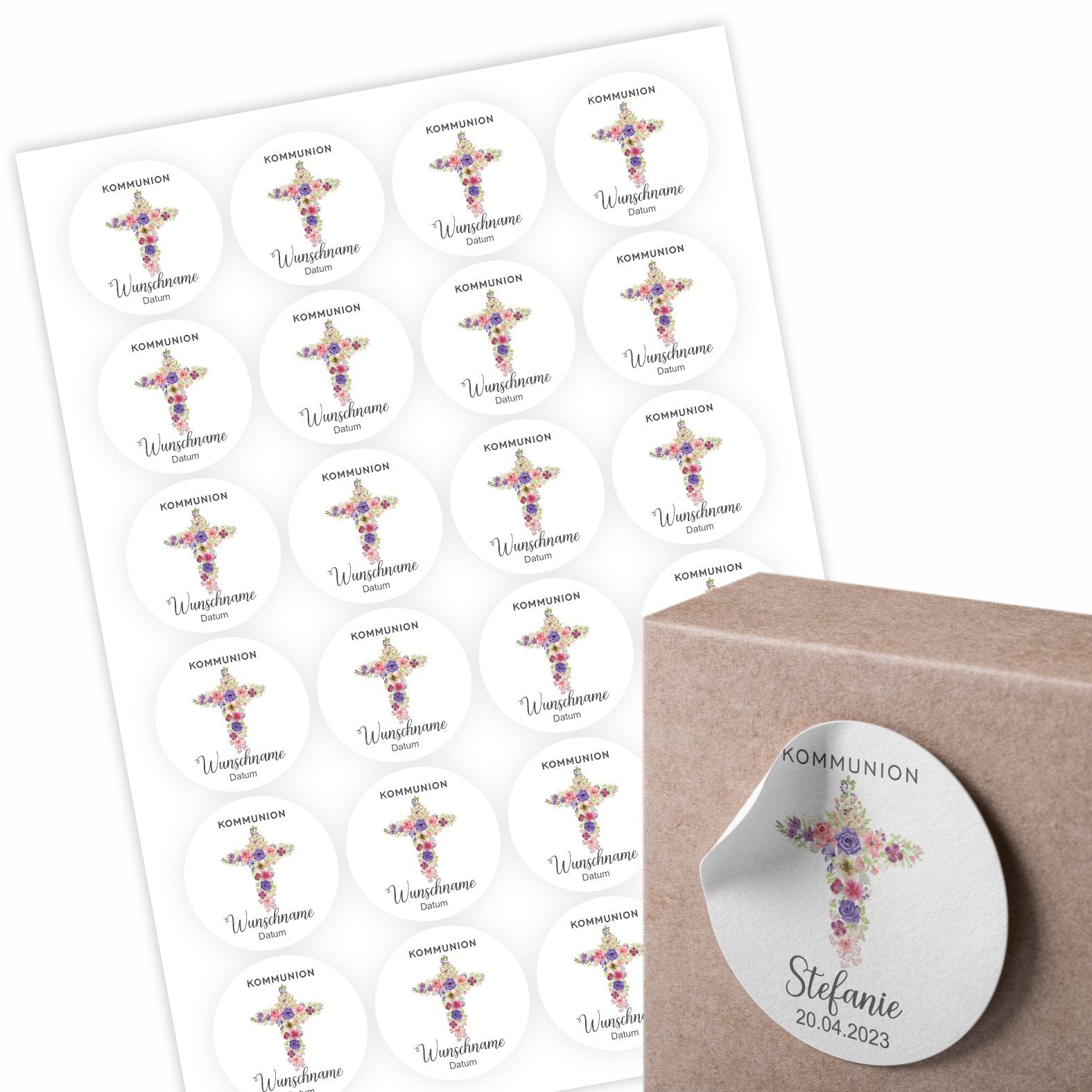 Personalisierte Aufkleber Kommunion "Kreuz Blumen" mit Namen und Datum - 24 Stück - 4,5cm - FOTOFOL