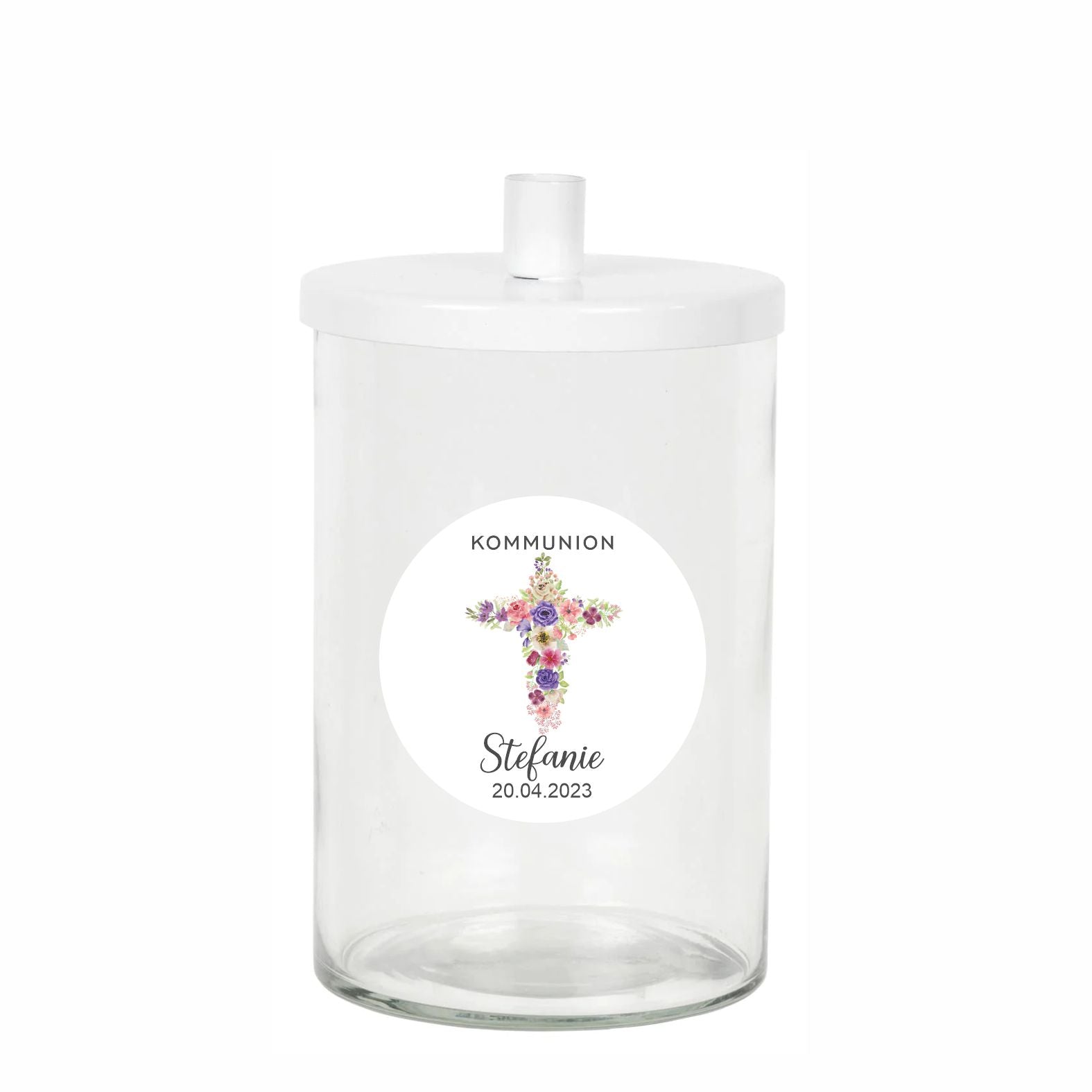 Personalisierte Aufkleber Kommunion "Kreuz Blumen" mit Namen und Datum - 24 Stück - 4,5cm - FOTOFOL