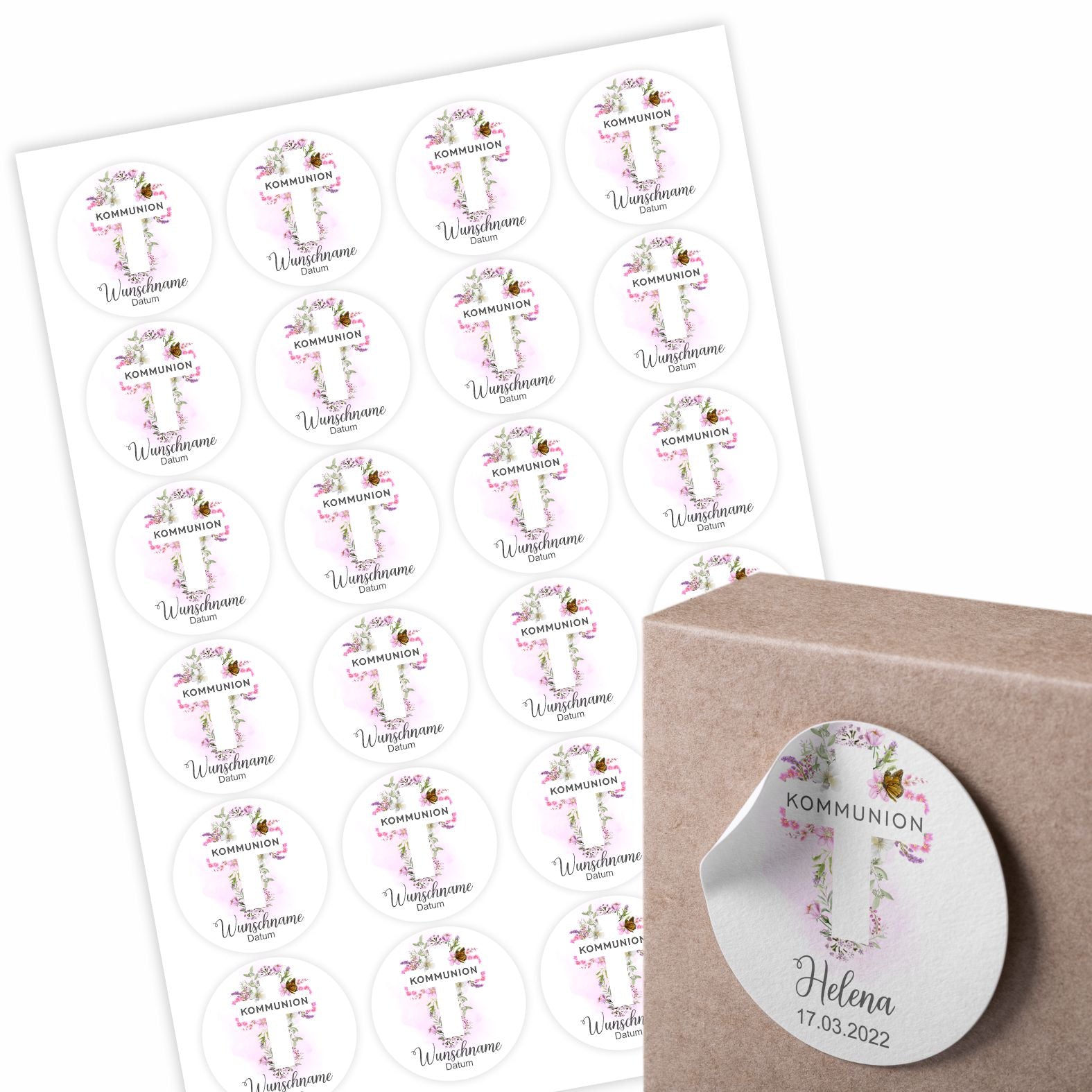 Personalisierte Aufkleber Kommunion "Kreuz" mit Namen und Datum - 24 Stück - 4,5cm - FOTOFOL
