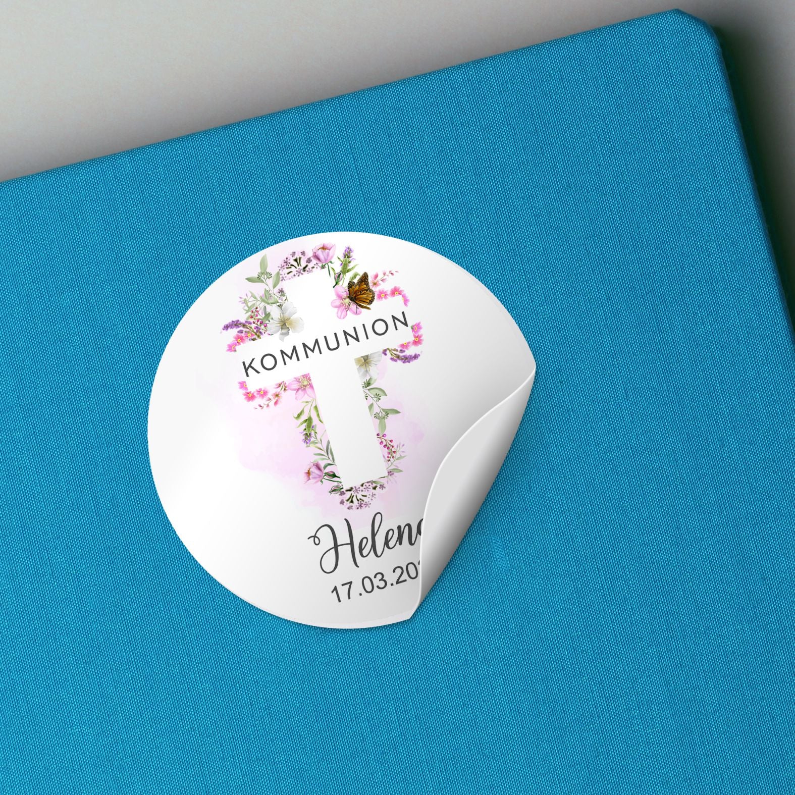 Personalisierte Aufkleber Kommunion "Kreuz" mit Namen und Datum - 24 Stück - 4,5cm - FOTOFOL