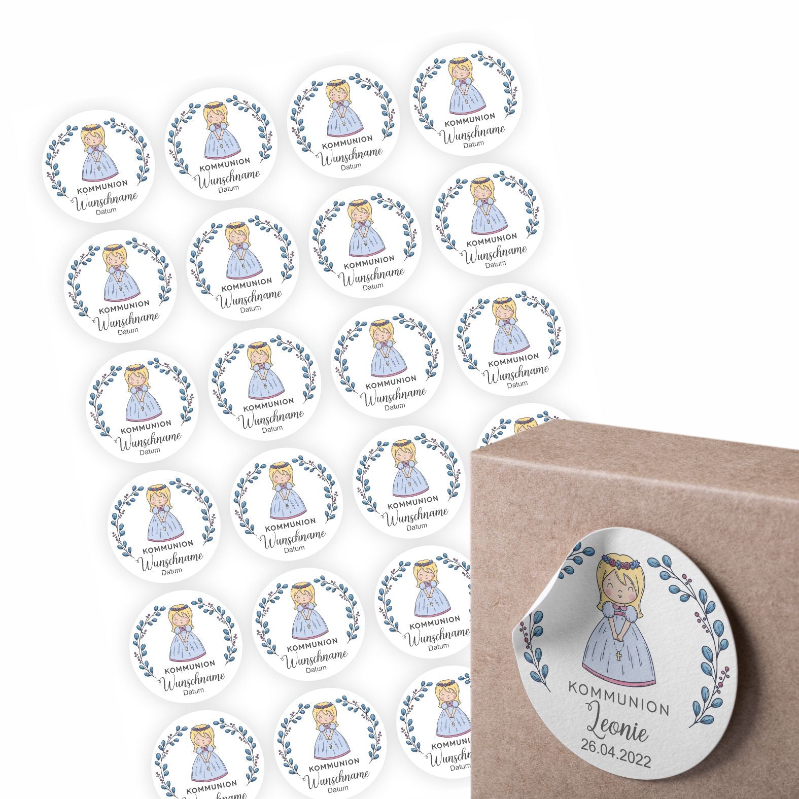 Personalisierte Aufkleber Kommunion "Mädchen" mit Namen und Datum - 24 Stück - 4,5cm - FOTOFOL