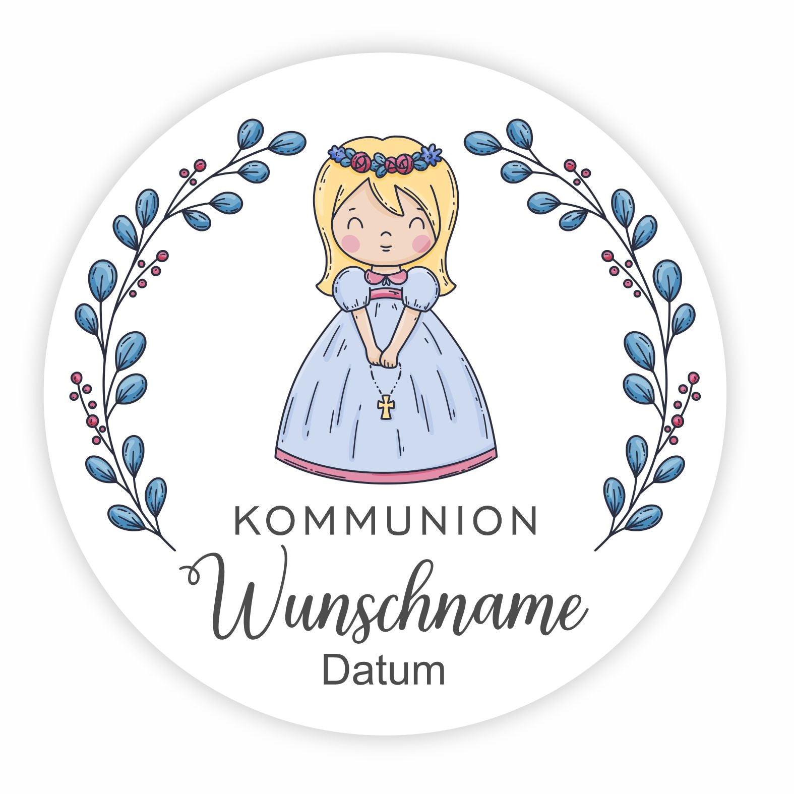 Personalisierte Aufkleber Kommunion "Mädchen" mit Namen und Datum - 24 Stück - 4,5cm - FOTOFOL