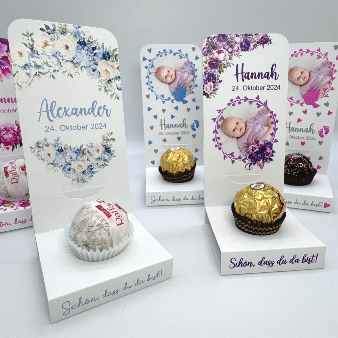 Aufsteller für Gastgeschenke personalisiert - blaue Blumen - FOTOFOL