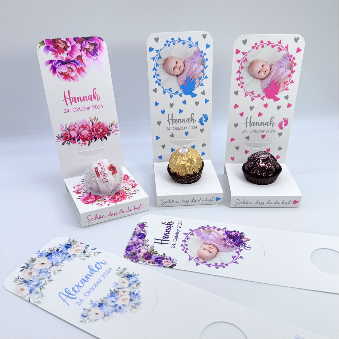 Aufsteller für Gastgeschenke personalisiert - blaue Blumen - FOTOFOL