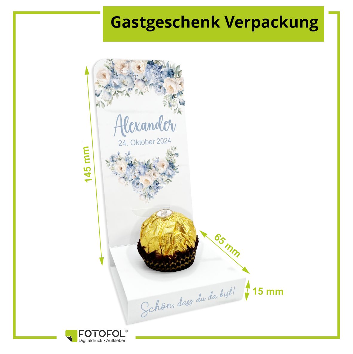 Aufsteller für Gastgeschenke personalisiert - blaue Blumen - FOTOFOL