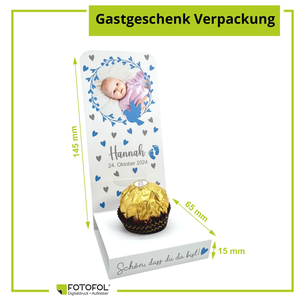 Aufsteller für Gastgeschenke personalisiert - blaue Herzen - FOTOFOL