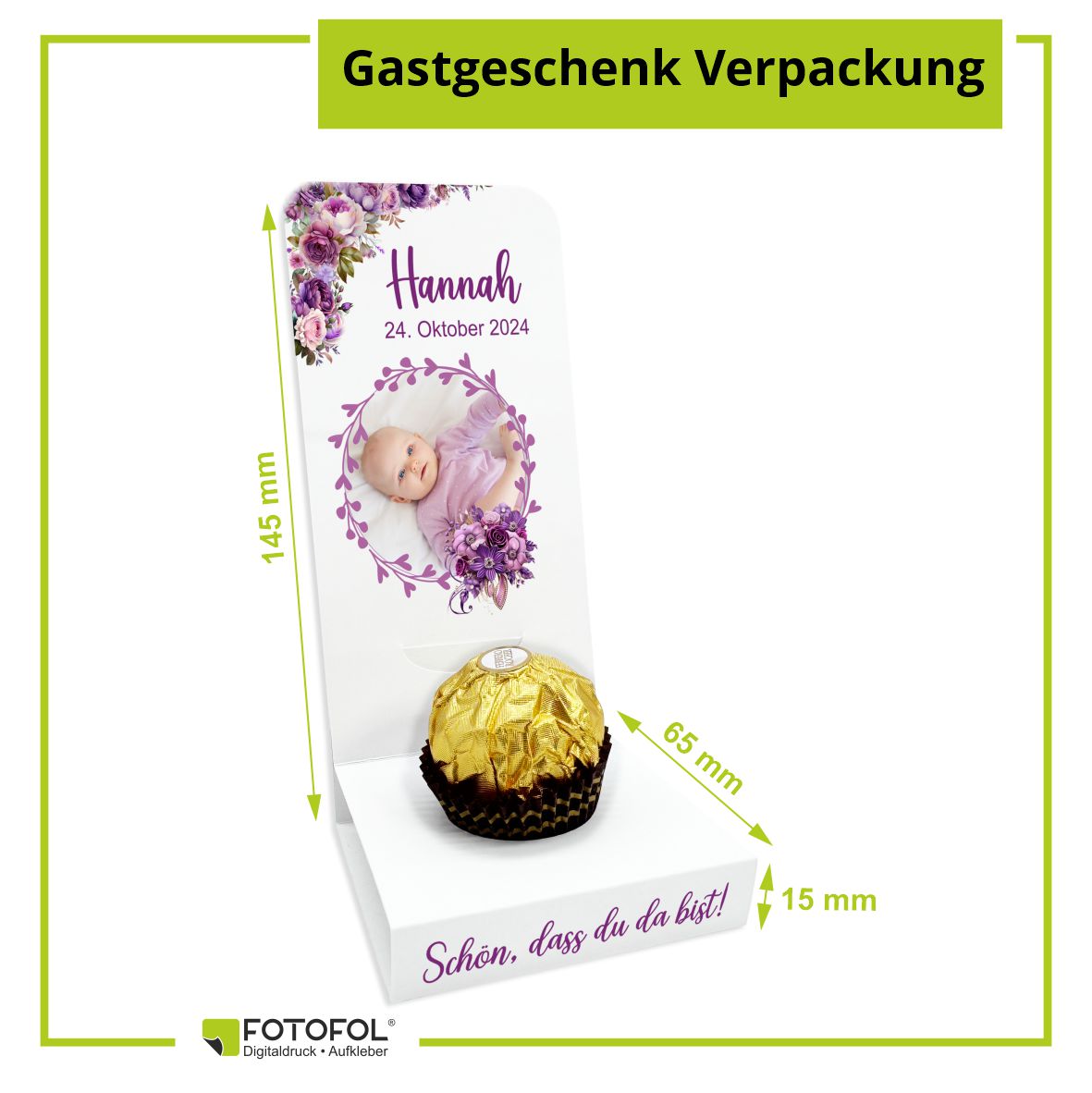 Aufsteller für Gastgeschenke personalisiert - lila Blumen - FOTOFOL