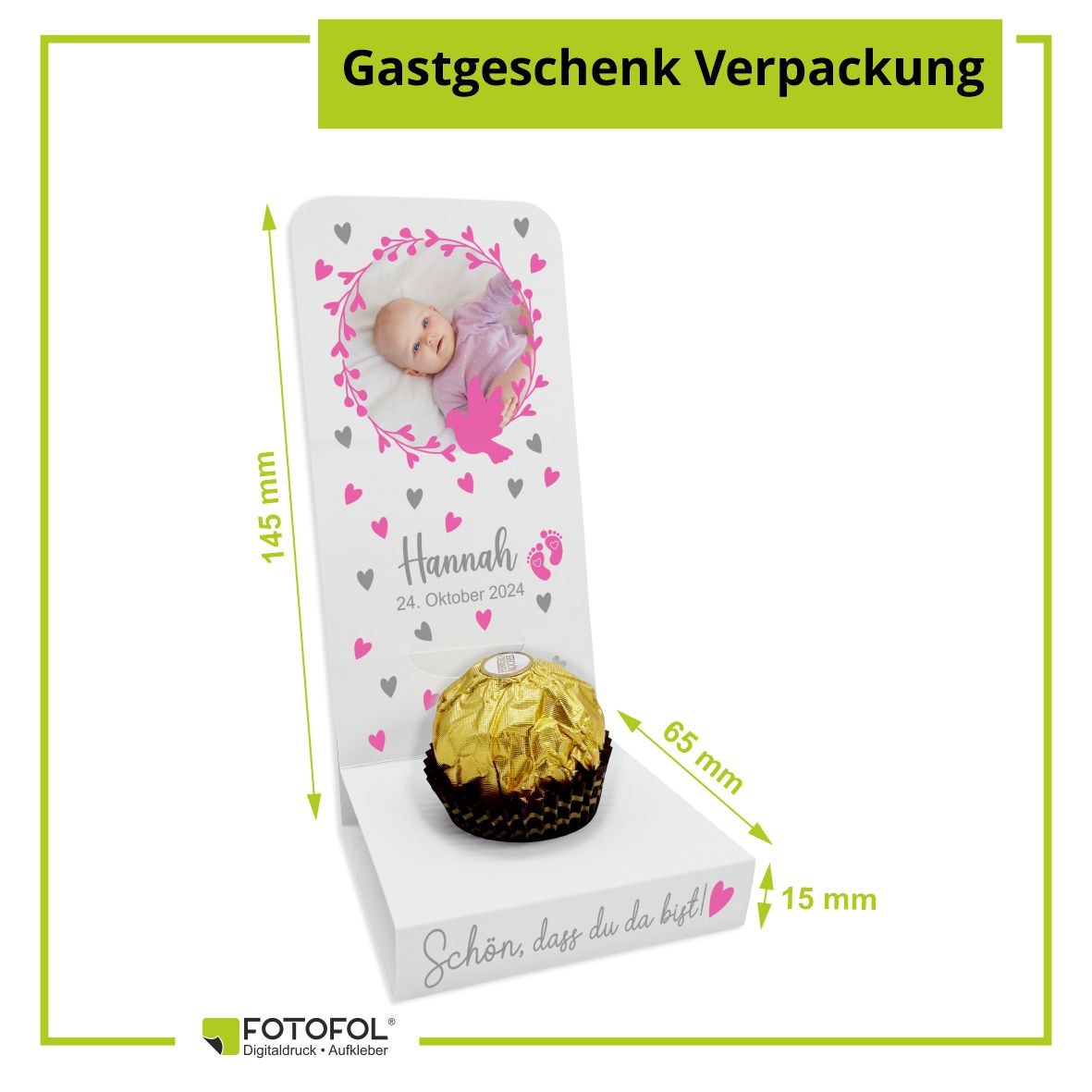 Aufsteller für Gastgeschenke personalisiert - rosa Herzen - FOTOFOL