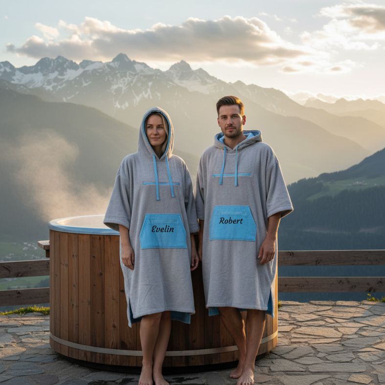 Badeponcho Unisex aus 100% Baumwolle PERSONALISIERT mit Name Kapuzen-Bademantel