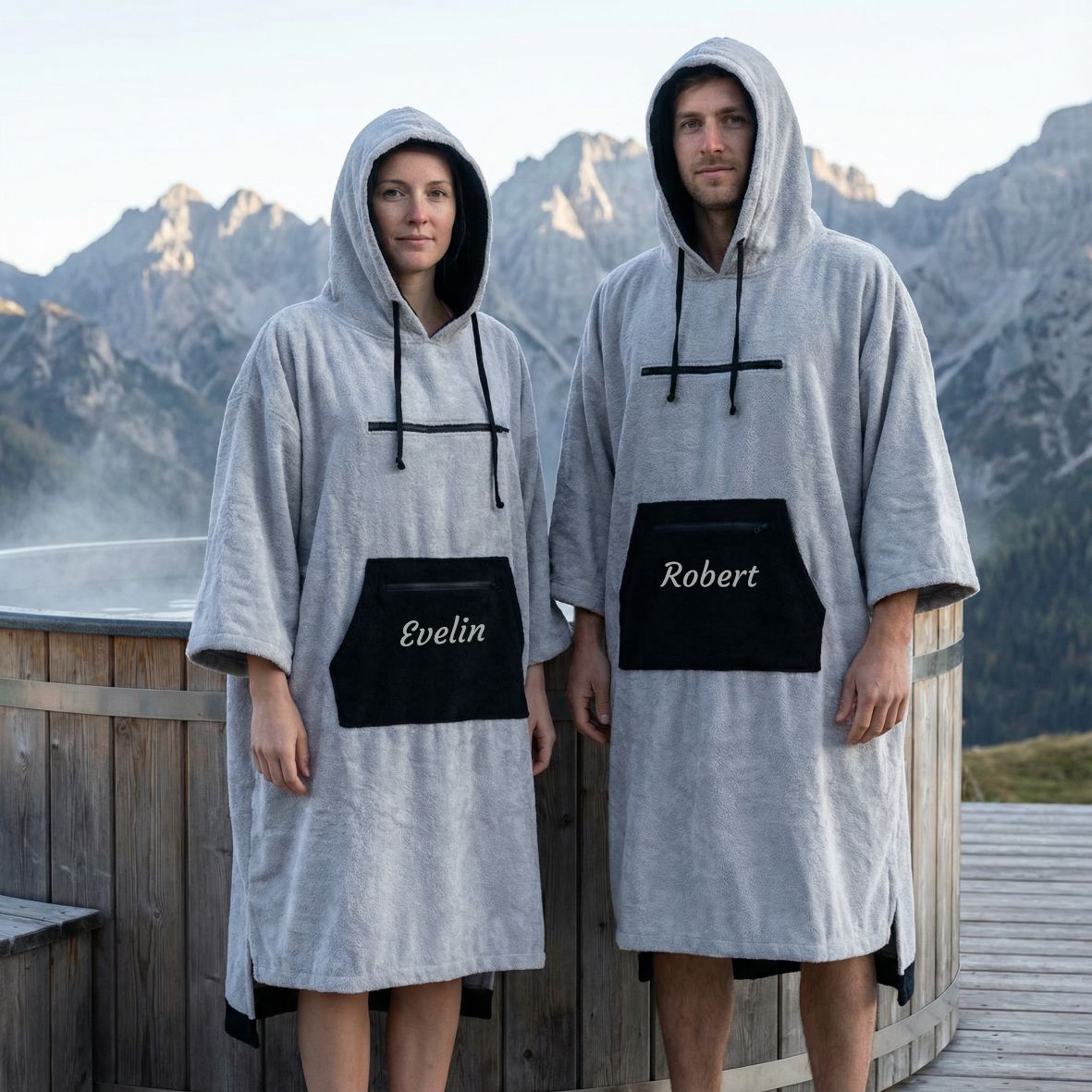 Badeponcho Unisex aus 100% Baumwolle PERSONALISIERT mit Name Kapuzen-Bademantel