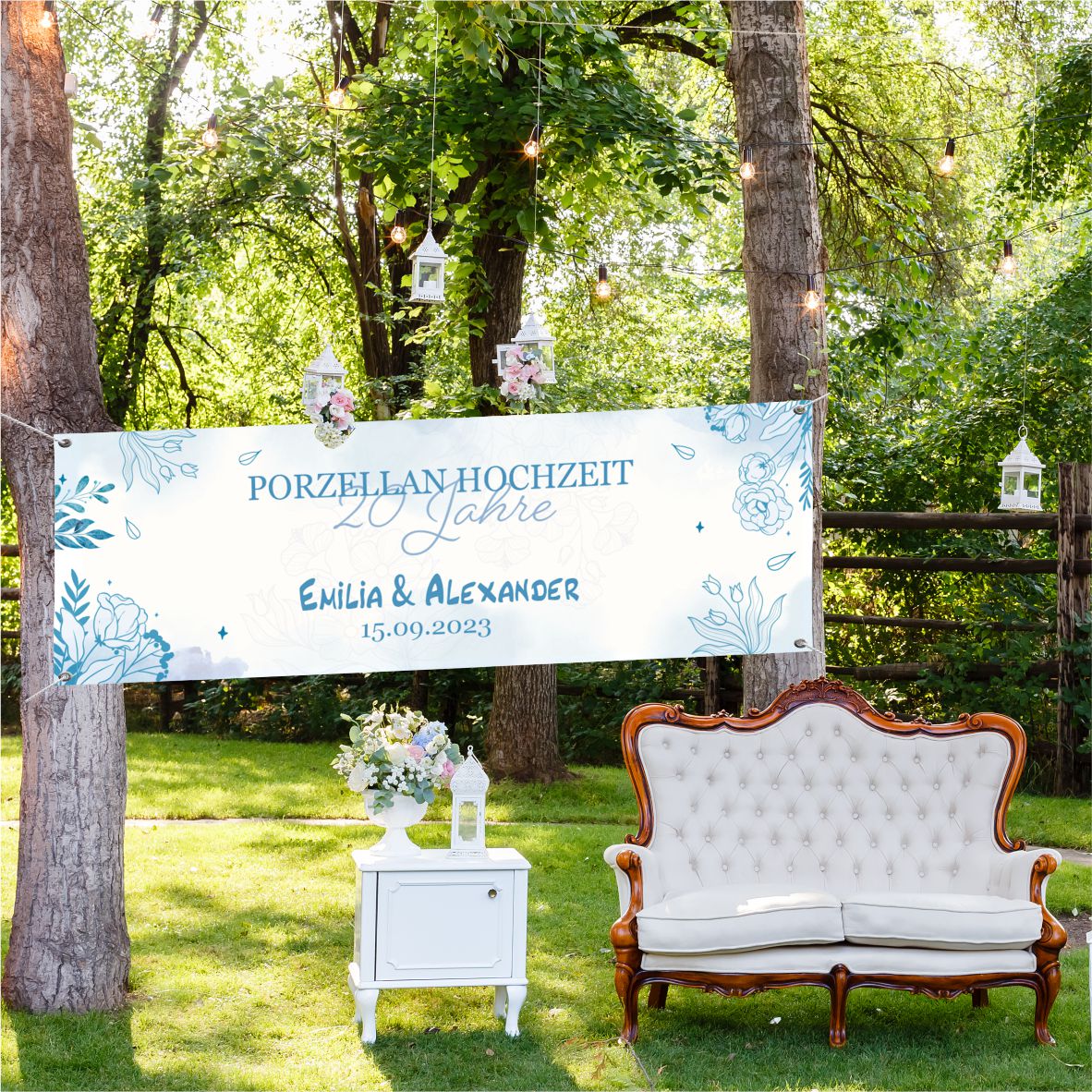 Hochzeit Banner "Blaue Blumen" Personalisierung mit Namen, Datum und Wunschtext - FOTOFOL