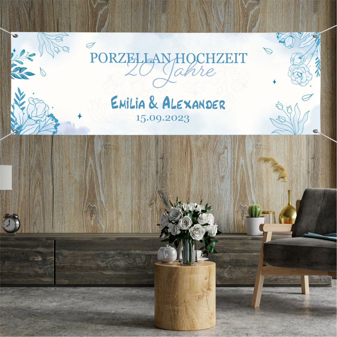 Hochzeit Banner "Blaue Blumen" Personalisierung mit Namen, Datum und Wunschtext - FOTOFOL