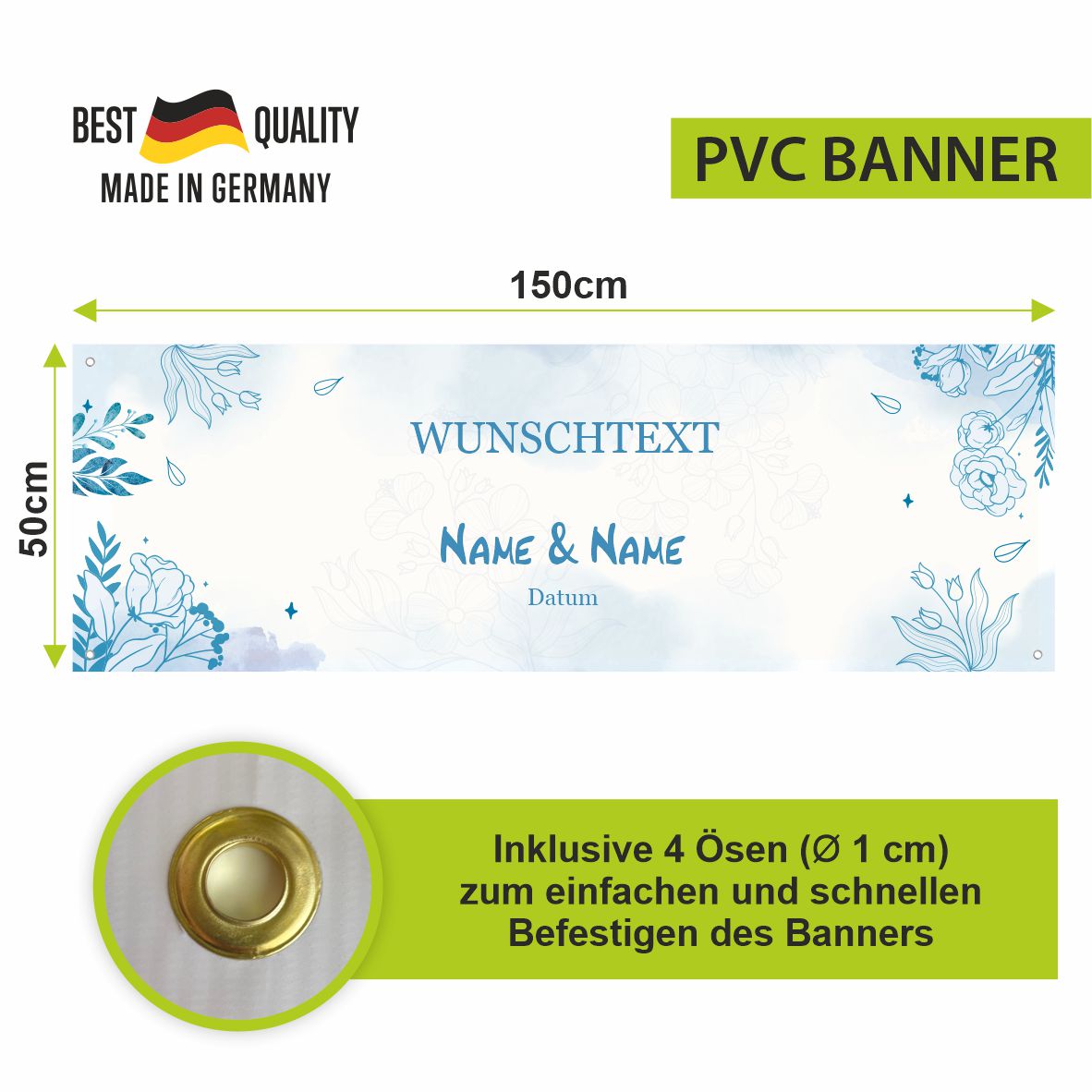 Hochzeit Banner "Blaue Blumen" Personalisierung mit Namen, Datum und Wunschtext - FOTOFOL