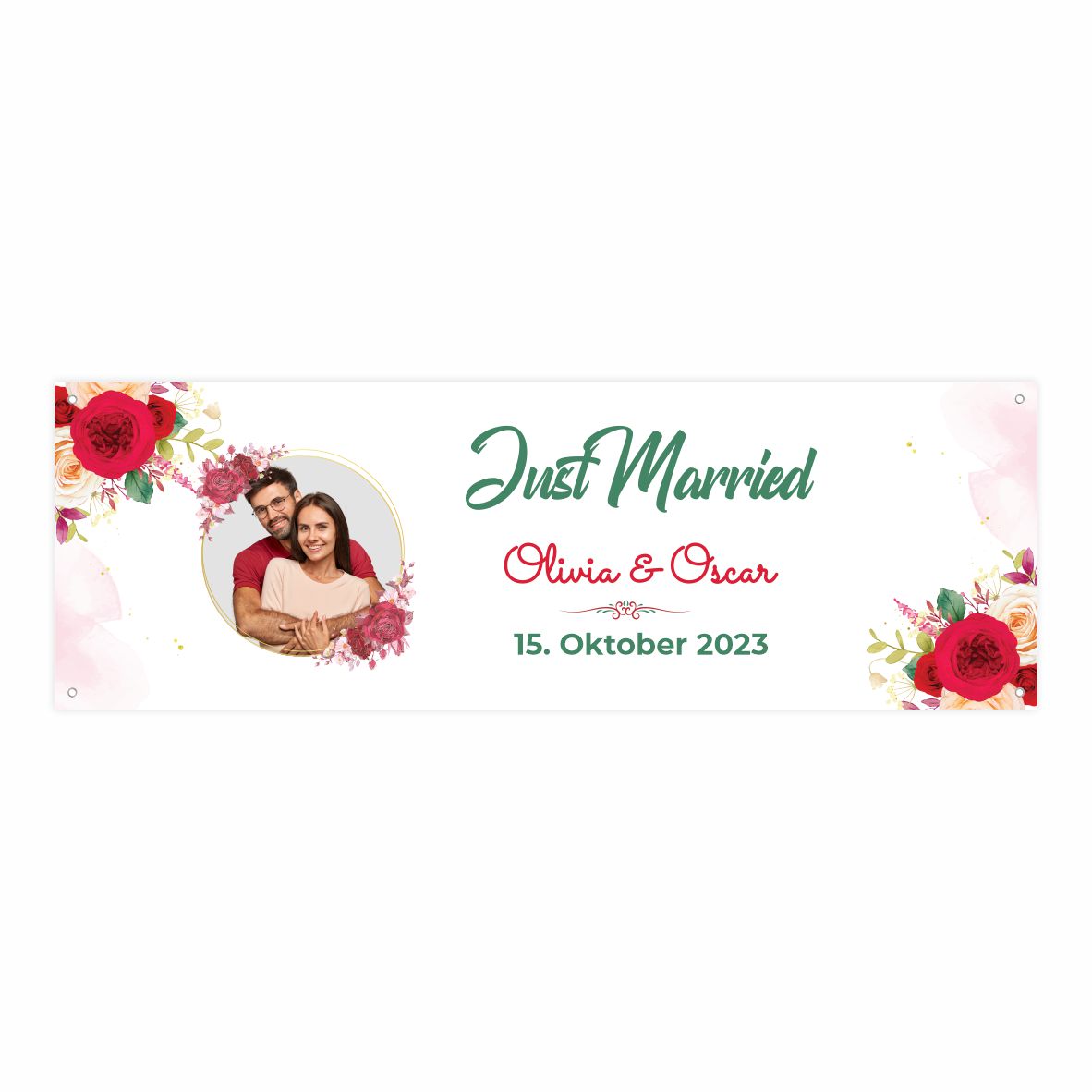 Personalisiertes Banner zur Hochzeit "Just Married" mit Foto, Namen und Datum - FOTOFOL